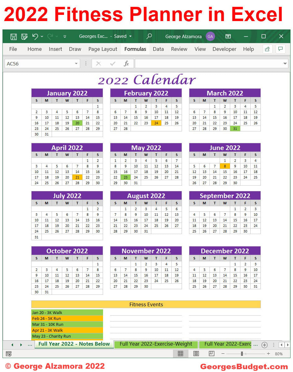 2022 fitness planner full year on one page printable Excel