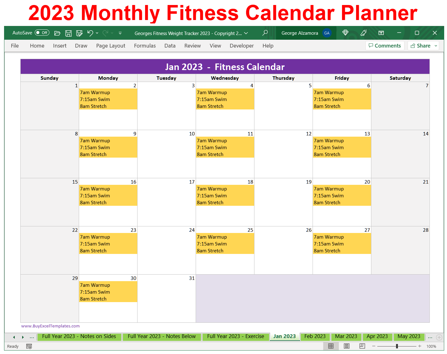 Fitness Planner 2023 Calendar Spreadsheet