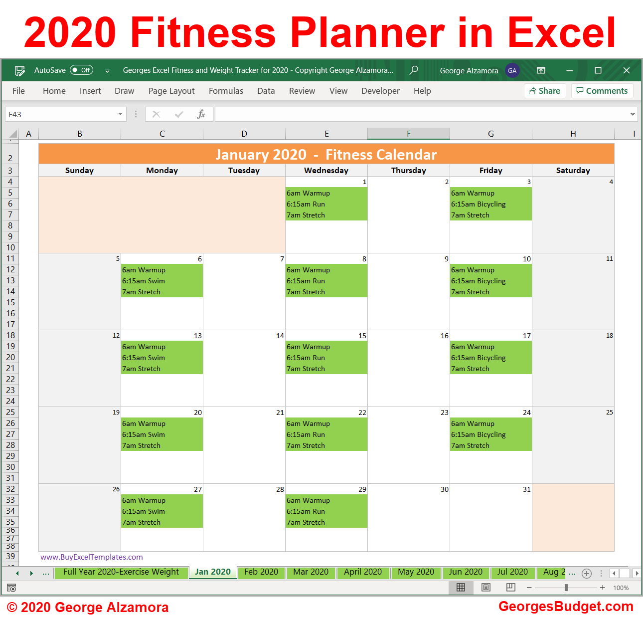 Year 2020 workout routine planner in Excel