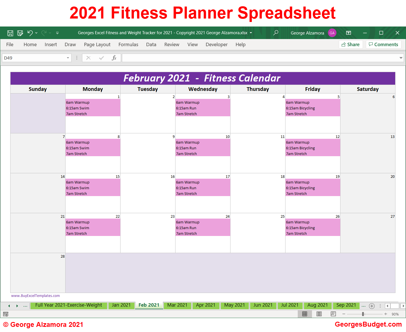 2021 Monthly Fitness Calendar Excel