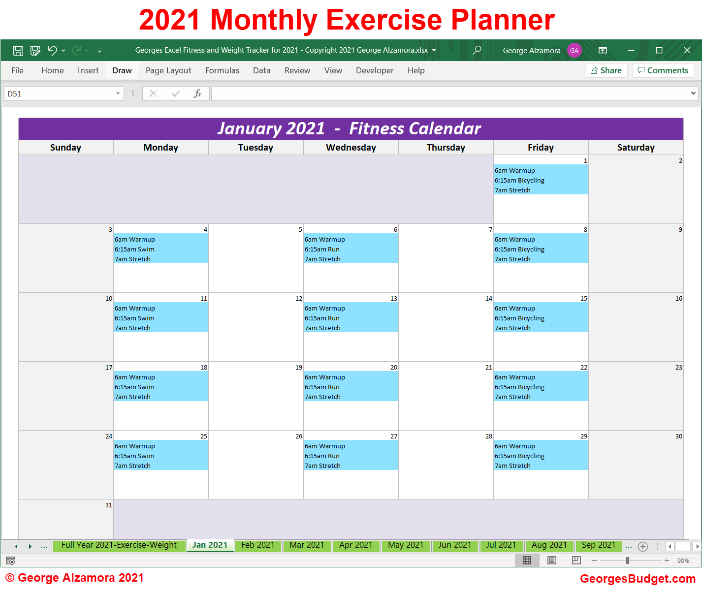 2021 Weekly Workout Plan Spreadsheet