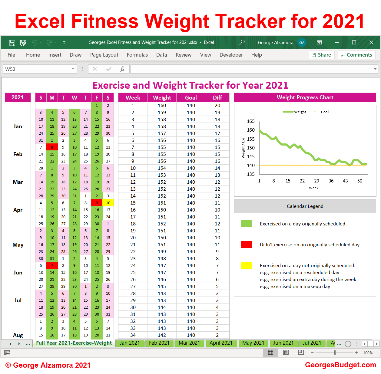 2021 Weight Tracker Workout Planner Spreadsheet