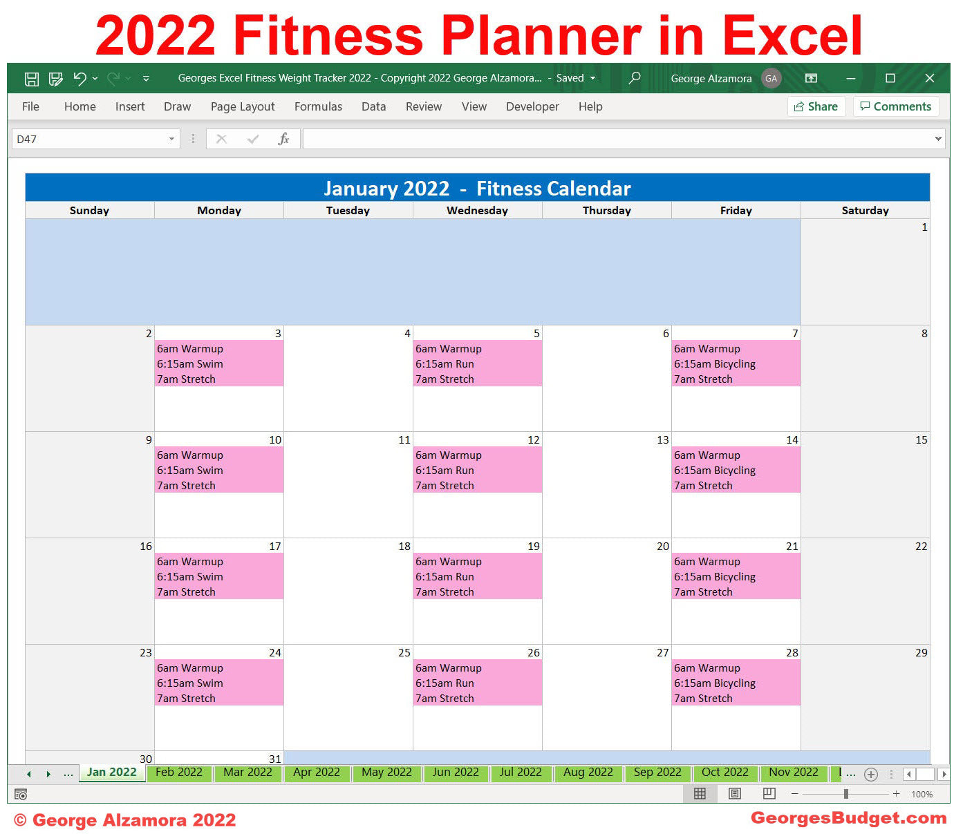 2022 workout calendar Excel Spreadsheets