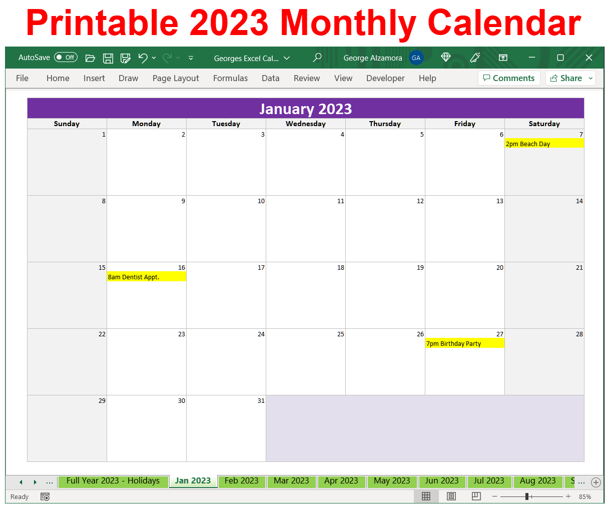 2023 Printable Calendar Spreasheet
