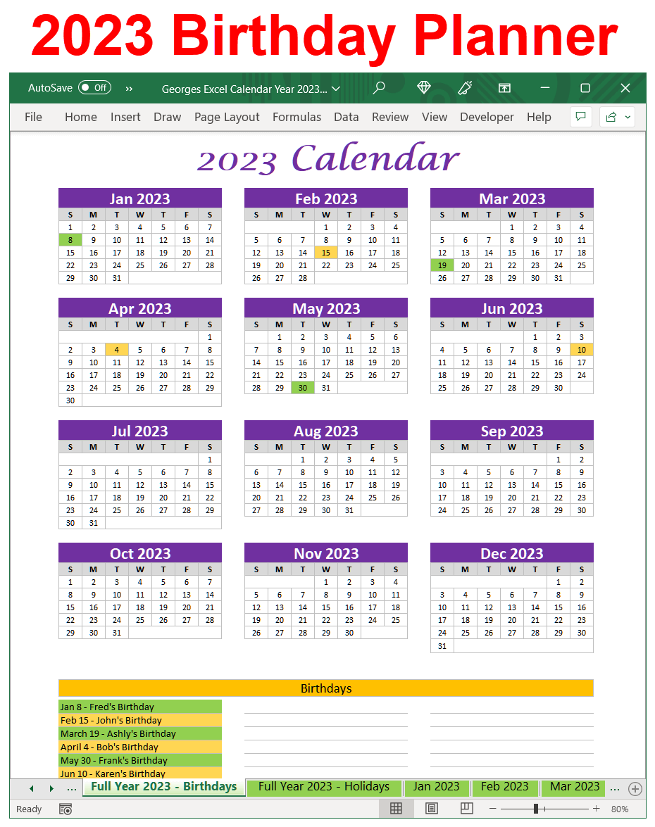 Birthday Calendar Planner Spreadsheet 2023
