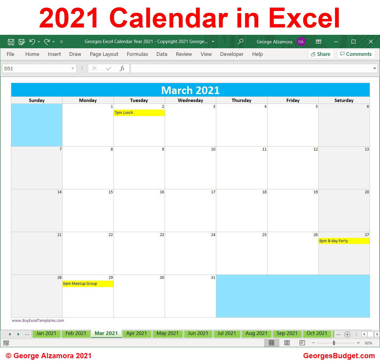Calendar Year 2021 Excel Spreadsheet