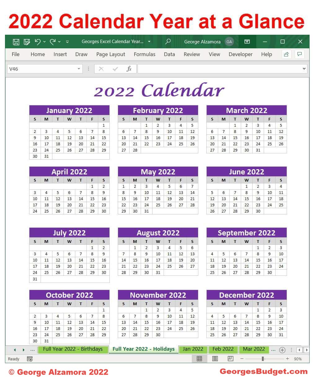 Excel 2022 calendar year at a glance spreadsheet