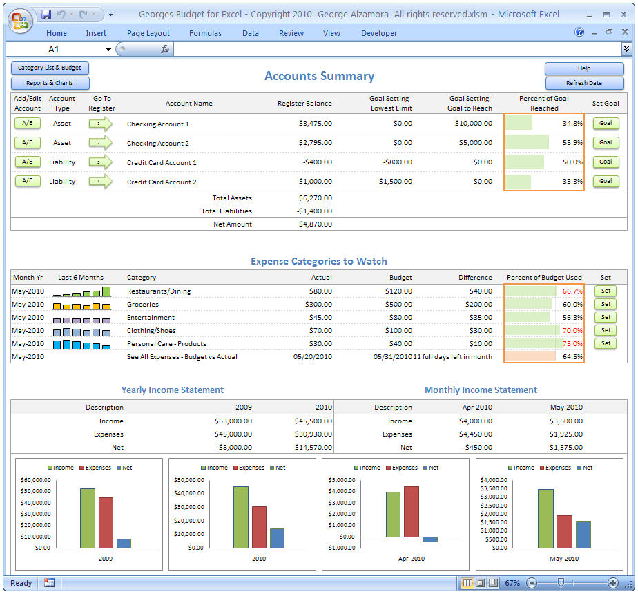 Dashboard | Budget for Excel | Checkbook for Excel