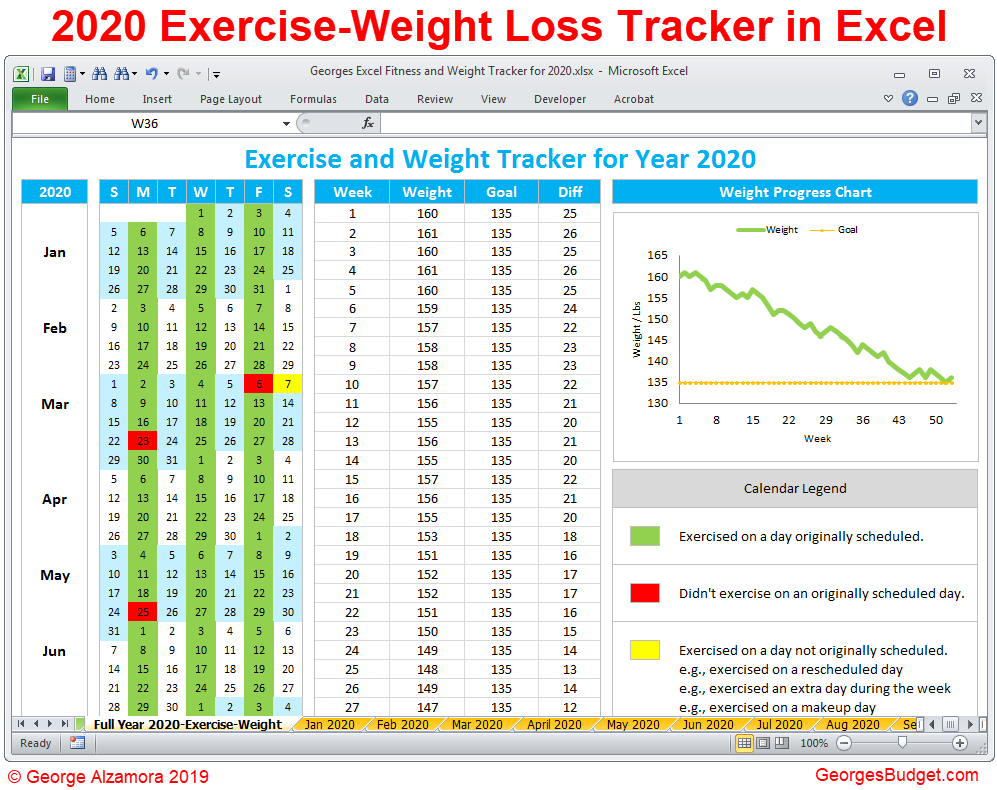 Exercise weight loss tracker year 2020 Excel