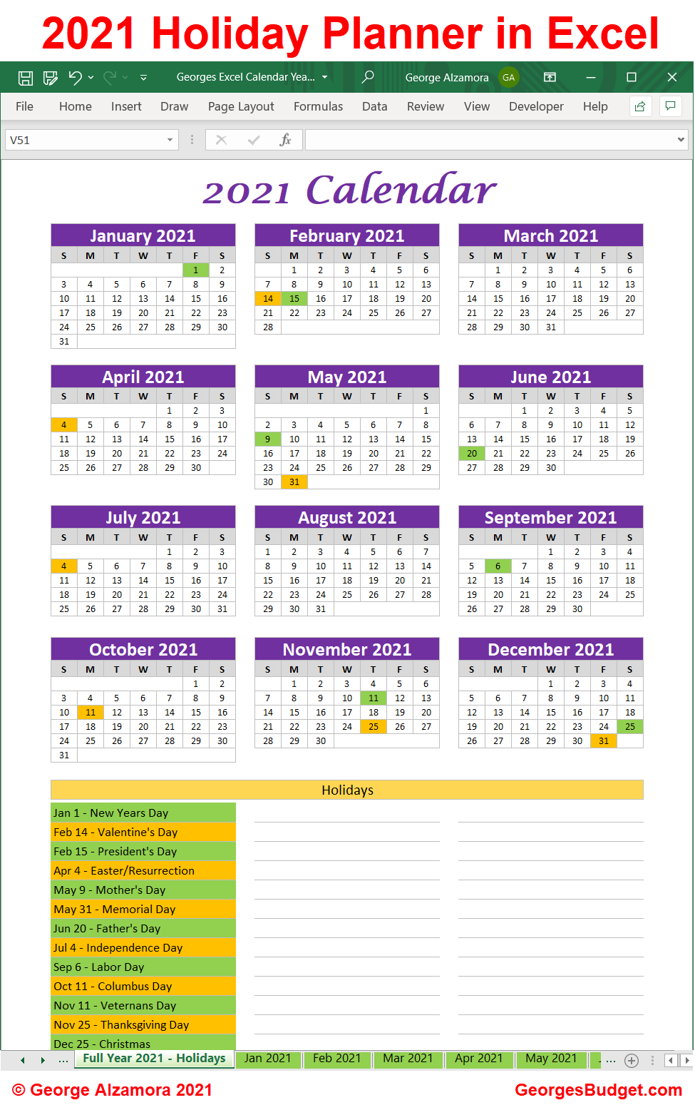 Holidays year 2021 calendar spreadsheet
