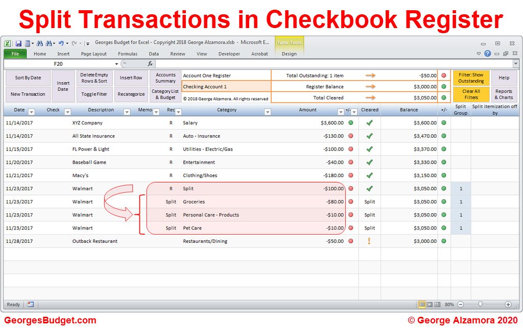 how to split transactions in excel checkbook register