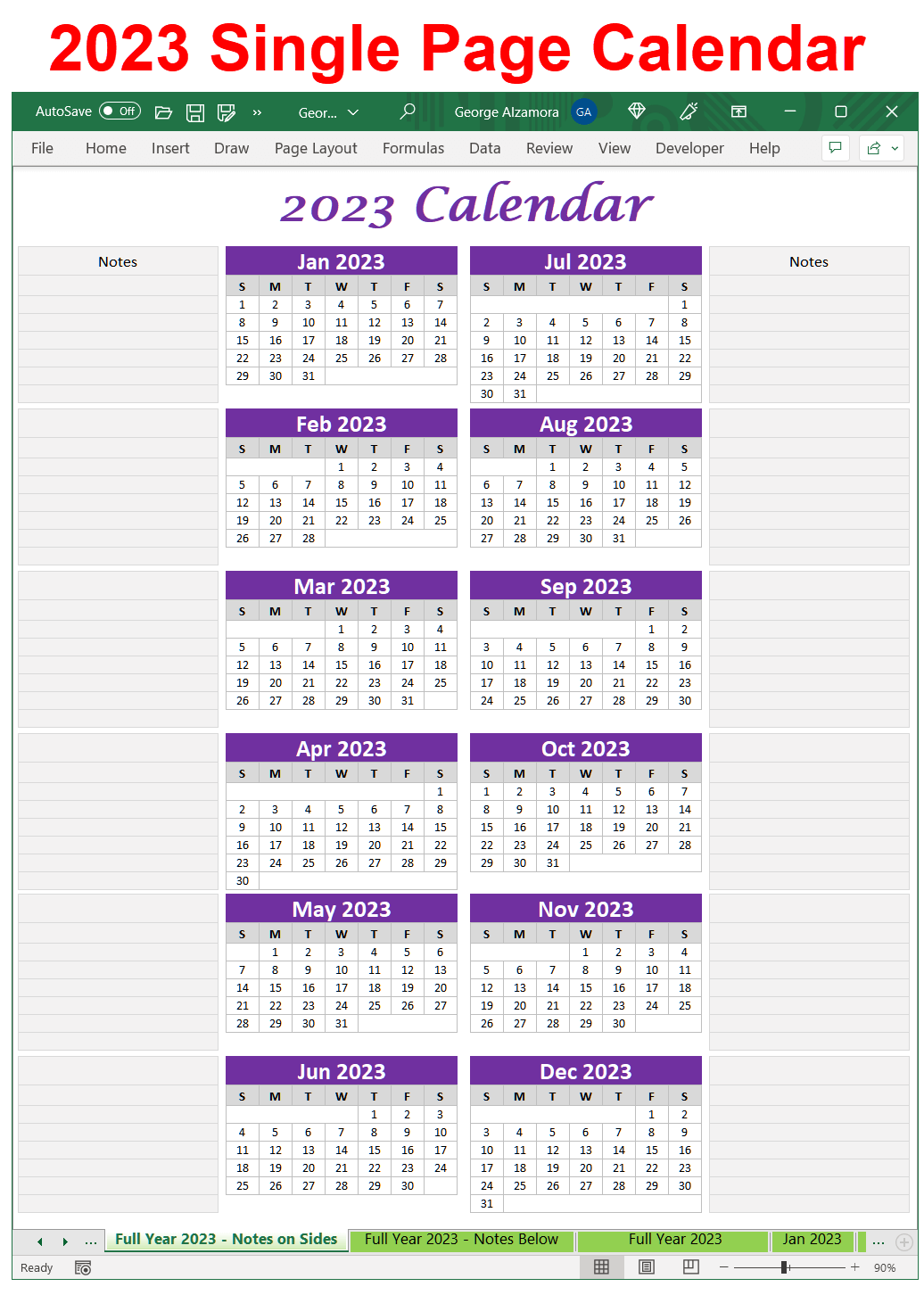 Single Page Calendar Spreadsheet Year 2023