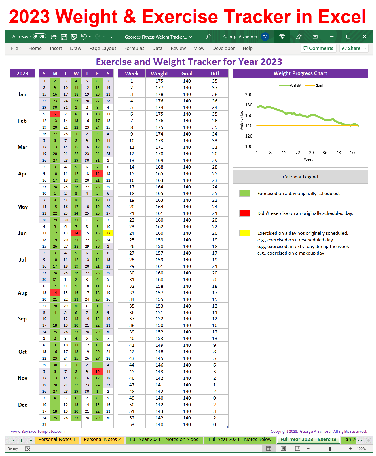 Weight Tracker Workout 2023 Calendar Spreadsheet