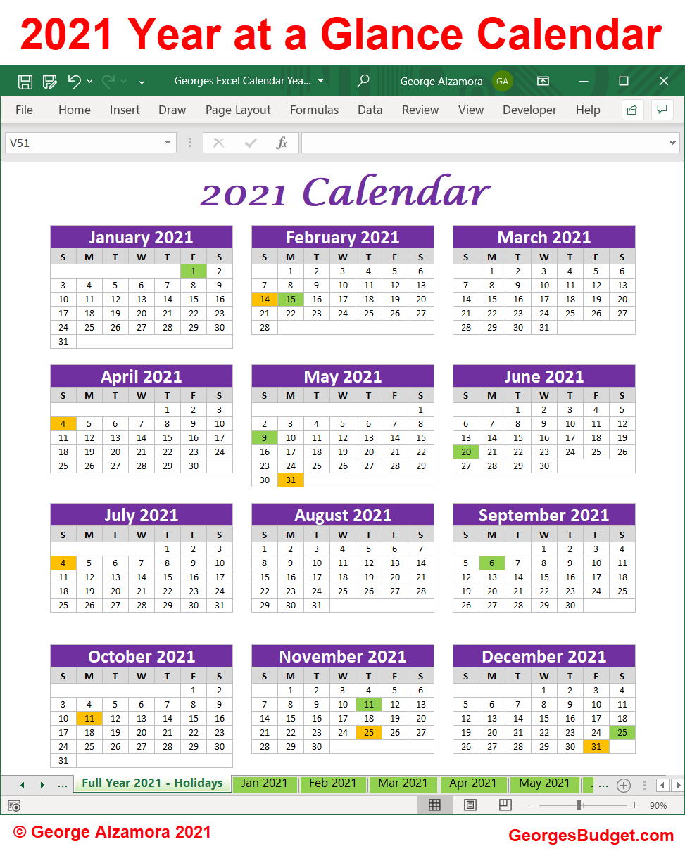 Year at a Glance 2021 calendar spreadsheet