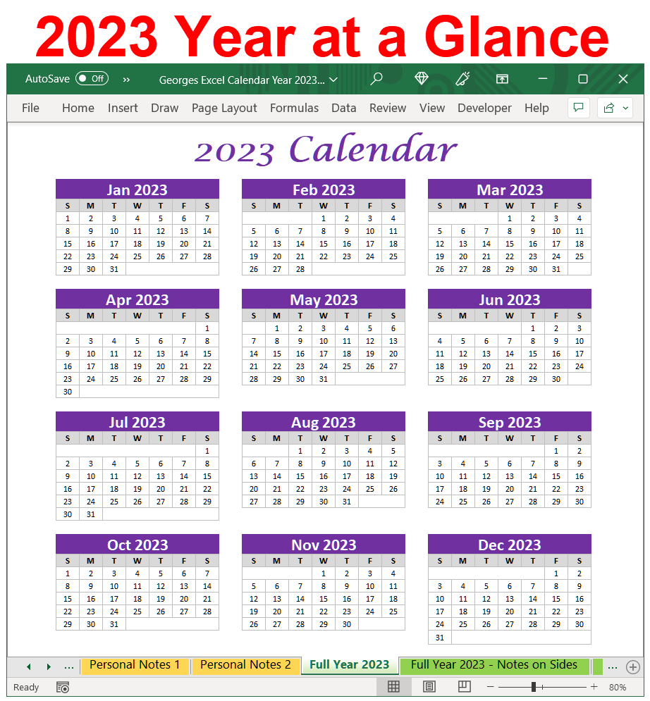 Year At A Glance 2023 Calendar Spreadsheet